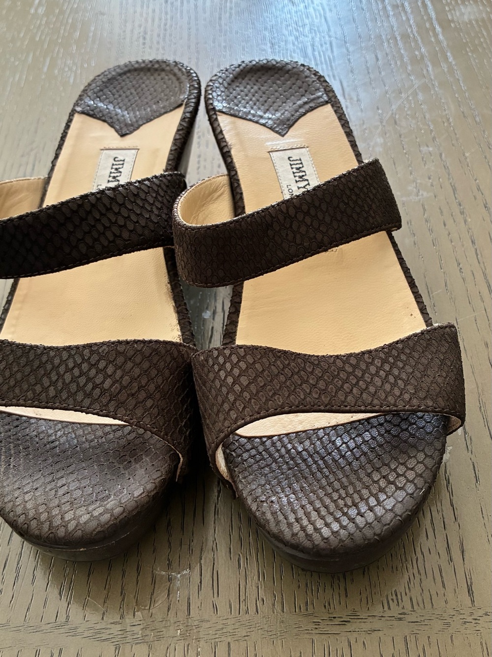 Jimmy Choo Dark Brown Textured Two‑Strap Slide Mules